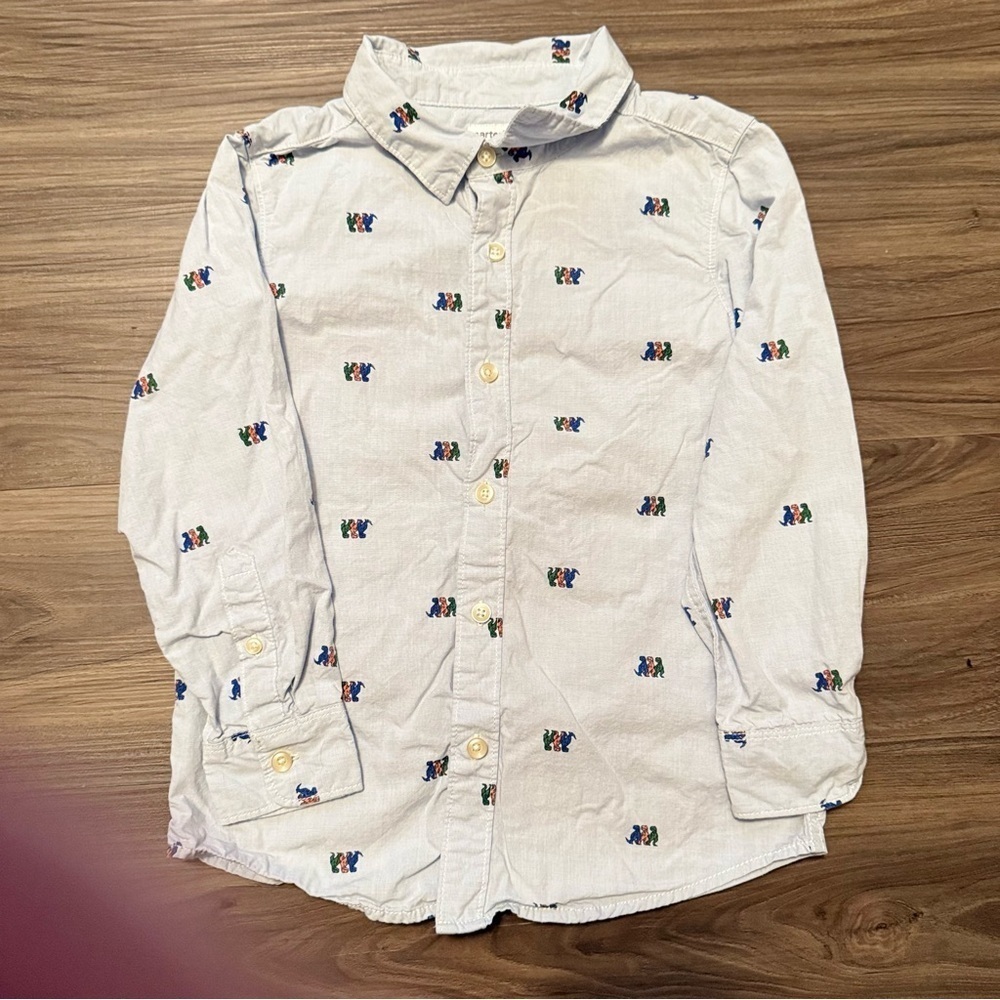 Carter's Light Blue Button Down Shirt with Multicolor Dinosaur Print size 7